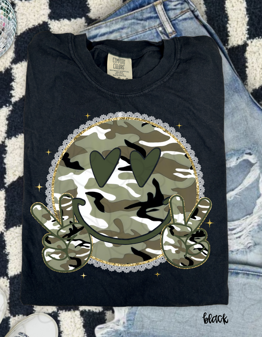 Green Heart Eye Camo Lace Peace Sign Kids Completed Tee