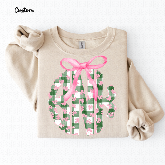 Green Plaid Pink Clovers Bow Custom Monogram Completed Tee