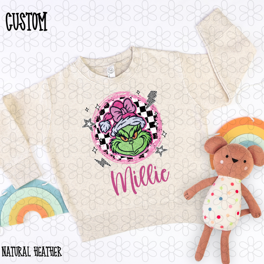 Grinch Checkered Bow Girls Custom Name Completed Tee