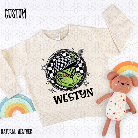 Grinch Checkered Hat Boys Custom Name Kids Completed Tee