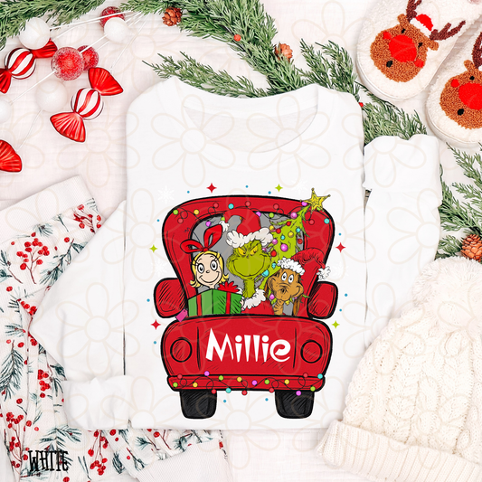 Grinch Christmas Truck Custom Name Completed Tee