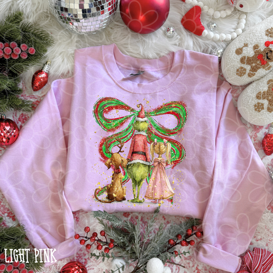 Grinch Glitter Coquette Bow Kids Completed Tee