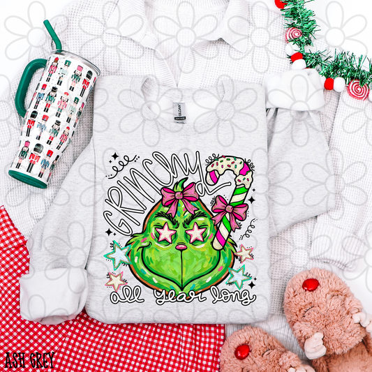 Grinchy All Year Long Pink Bow Completed Tee