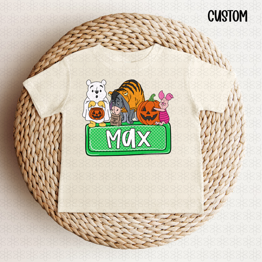 HALLOWEEN POOH GREEN NAME PLATE Completed Tee