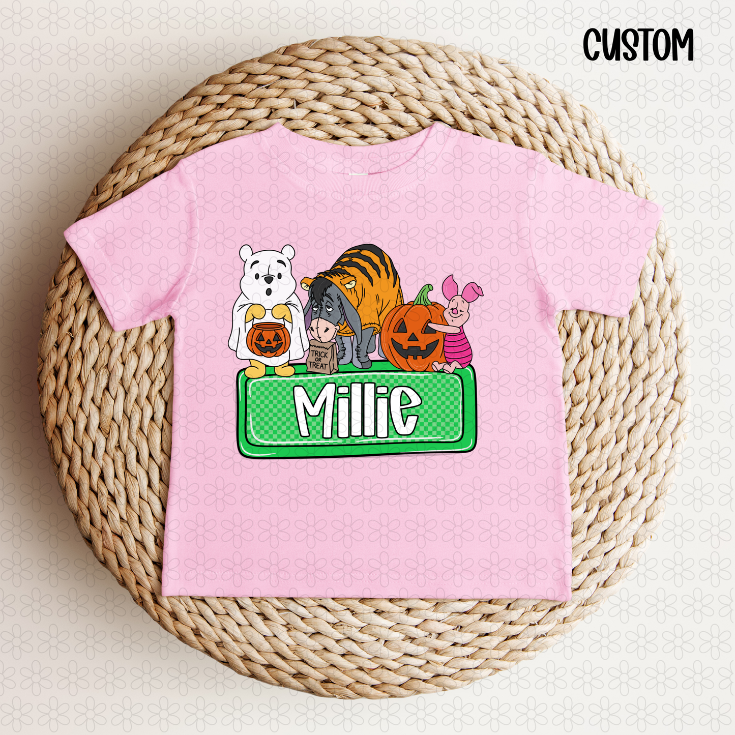 HALLOWEEN POOH GREEN NAME PLATE Completed Tee