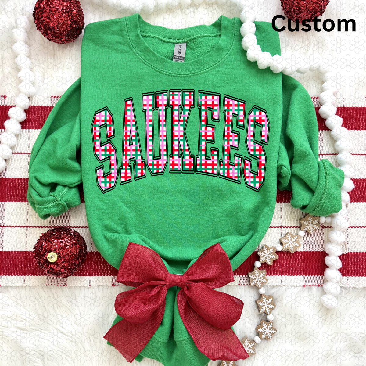 Custom Hand-Painted Christmas Plaid Varsity Arch Completed Tee