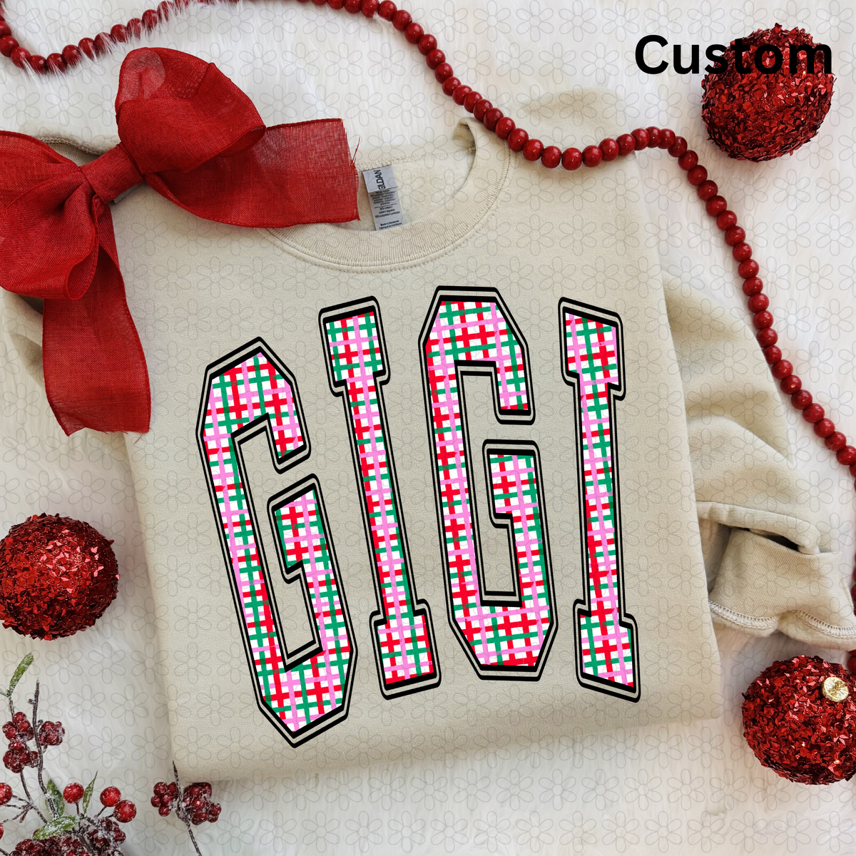 Custom Hand-Painted Christmas Plaid Varsity Arch Completed Tee