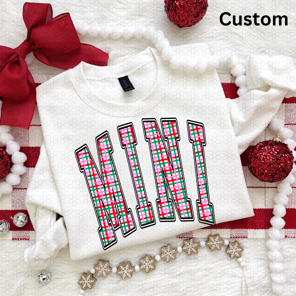 Custom Hand-Painted Christmas Plaid Varsity Arch Completed Tee