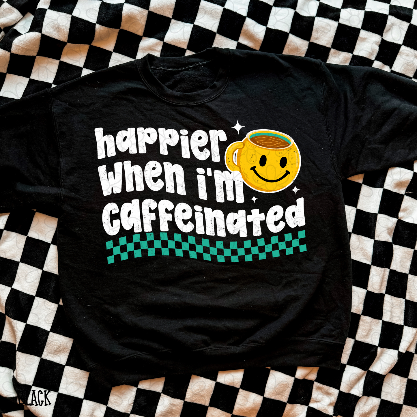 Happier When I'm Caffeinated Smiley White Completed Tee