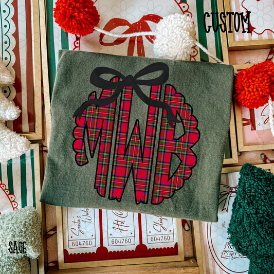 Holiday Tartan Bow Custom Monogram DTF Transfer