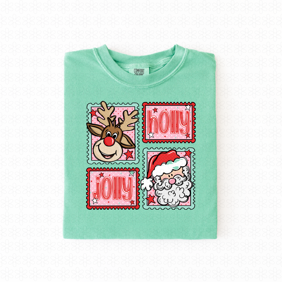 Holly Jolly Reindeer Santa Stamps Completed Tee