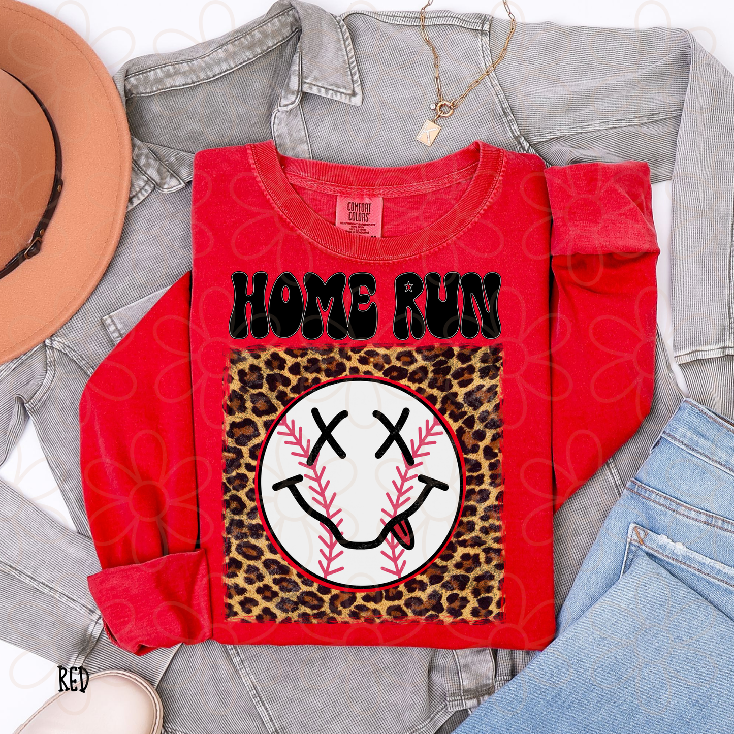 Home Run Leopard Baseball Smiley Kids Completed Tee
