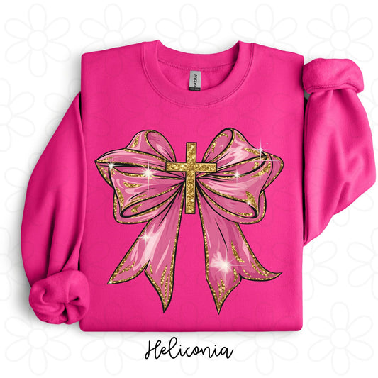 Gold Glitter Cross Pink Bow Kids Completed Tee