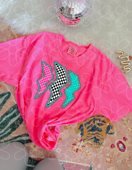 Checkered Turquoise Lighting Bolt Kids Completed Tee