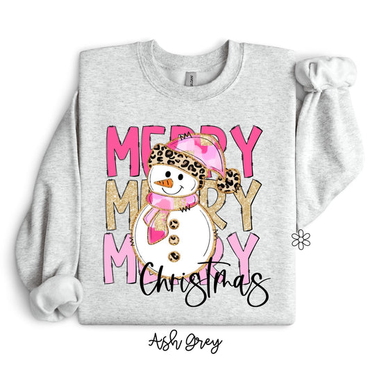 Pink Leopard Merry Christmas Snowman Kids Completed Tee