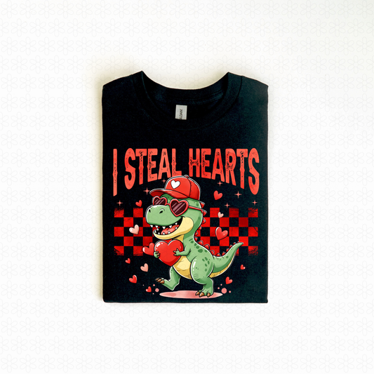 I Steal Hearts Valentines Dinosaur Kids Completed Tee