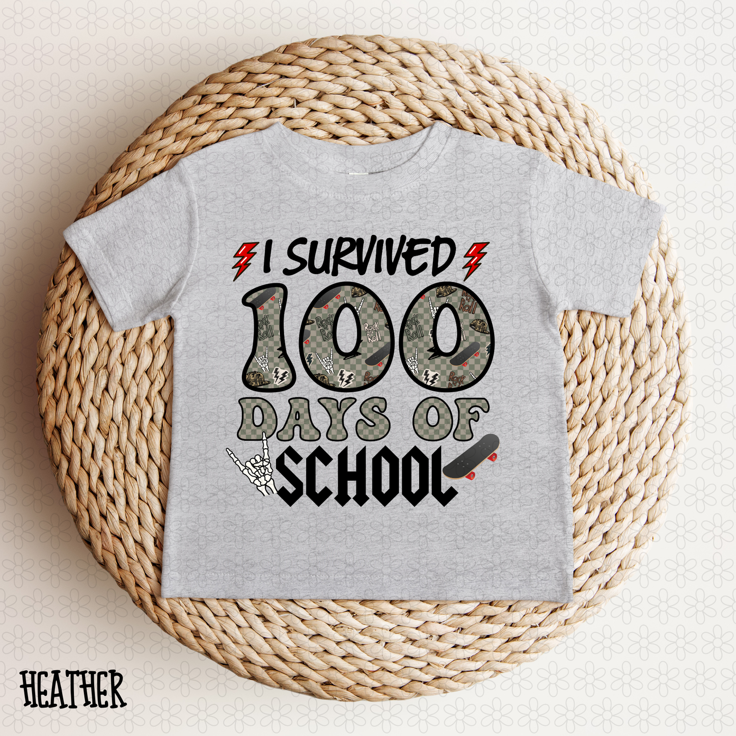 I Survived 100 Days Of School Green Check Skateboard Completed Tee