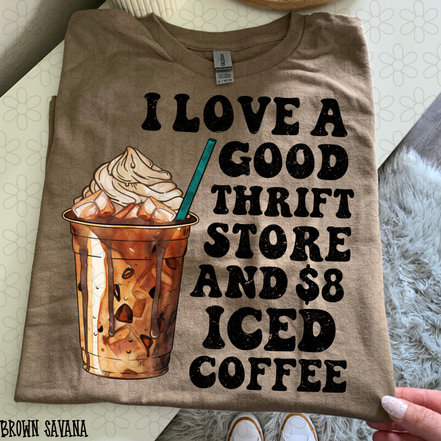 I love good thrift stores and $8 iced coffee Completed Tee