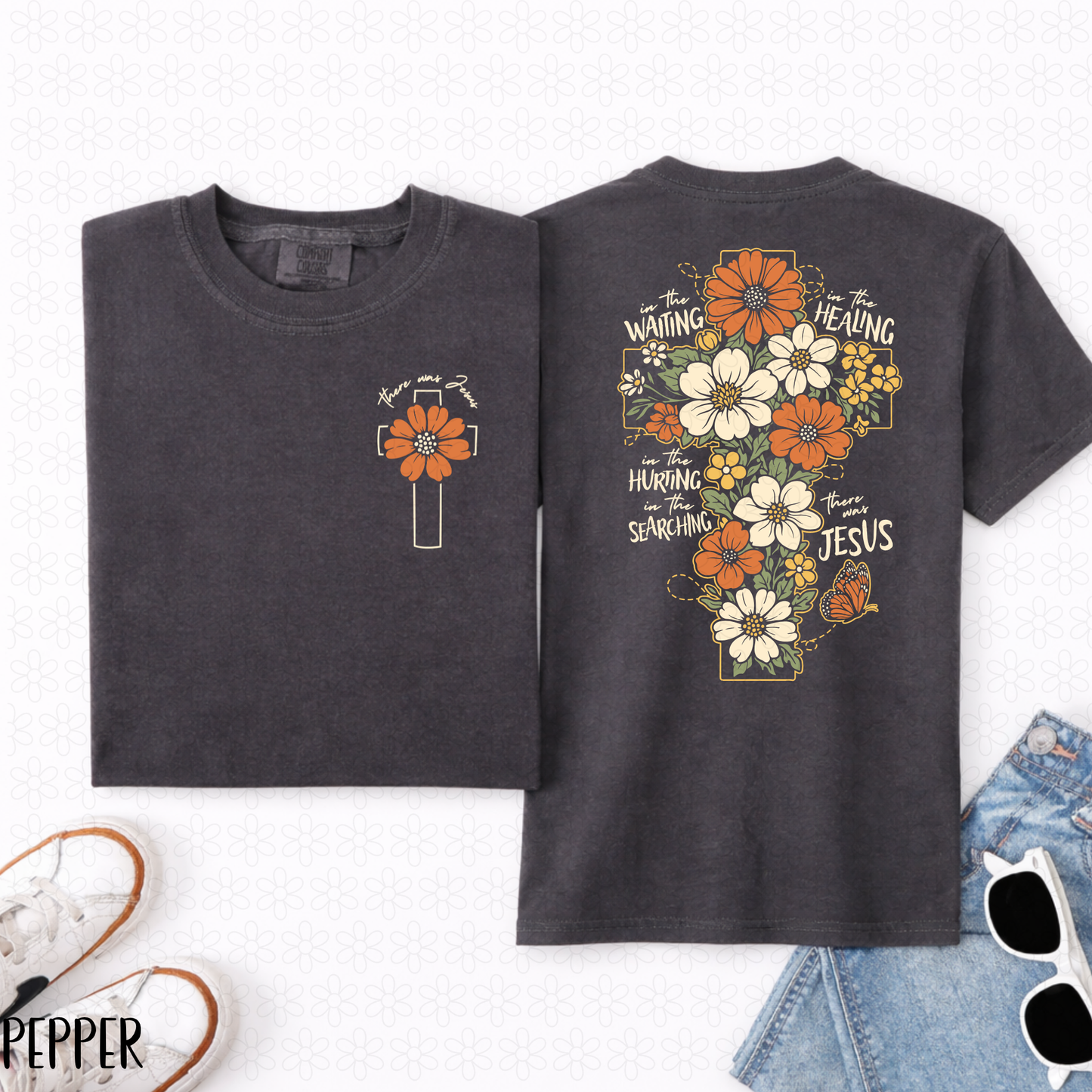 In the Waiting In the Healing- Orange Flowers White Writing Completed Tee