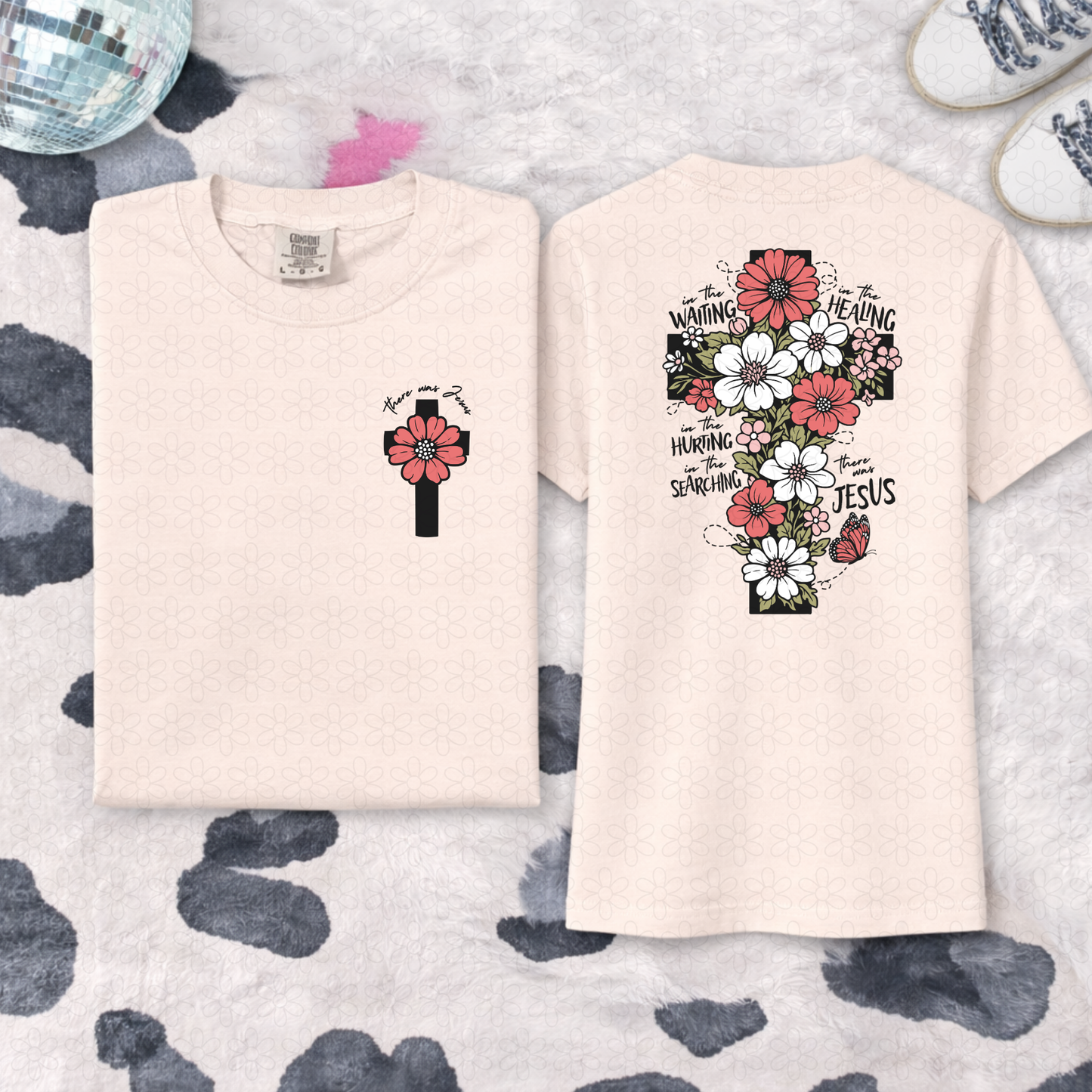 In the Waiting In the Healing- Pink Flowers Black Writing Completed Tee