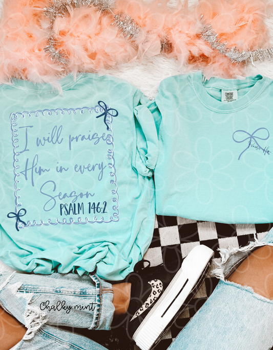 I will Praise Him In Every Season Blue Bows Completed Tee