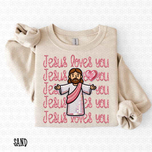 Jesus Loves You Pink Sequins DTF Transfer