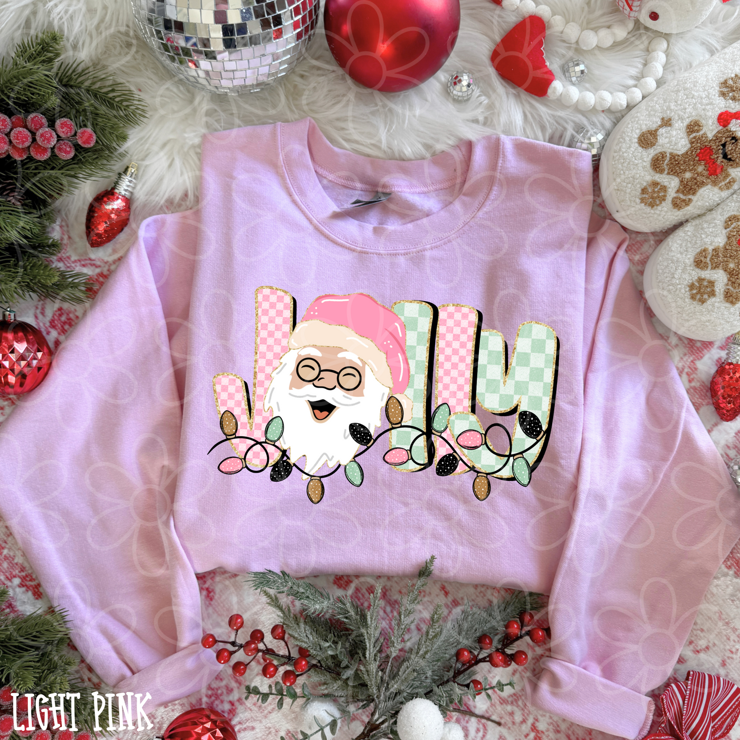 Jolly Pink & Green Light Santa Completed Tee