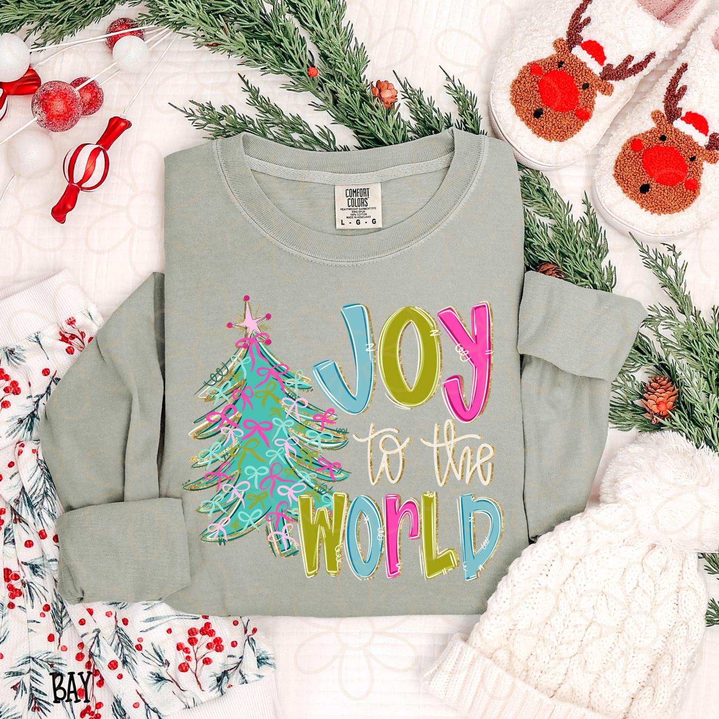 Joy To The World Bows Tree Completed Tee