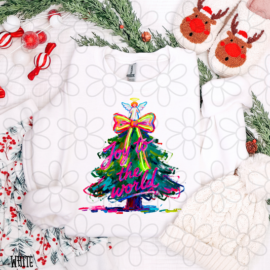 Joy To The World Christmas Tree Angel Bow Completed Tee