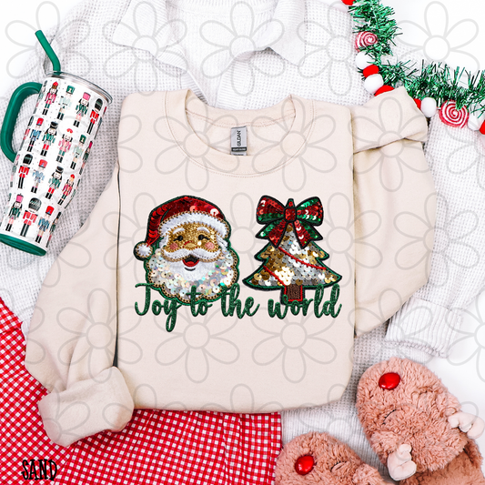 Joy To The World Sequin Santa Christmas Tree Kids Completed Tee
