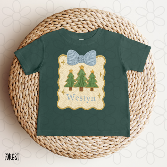 Knit Christmas Trees Blue Bow Custom Name Completed Tee