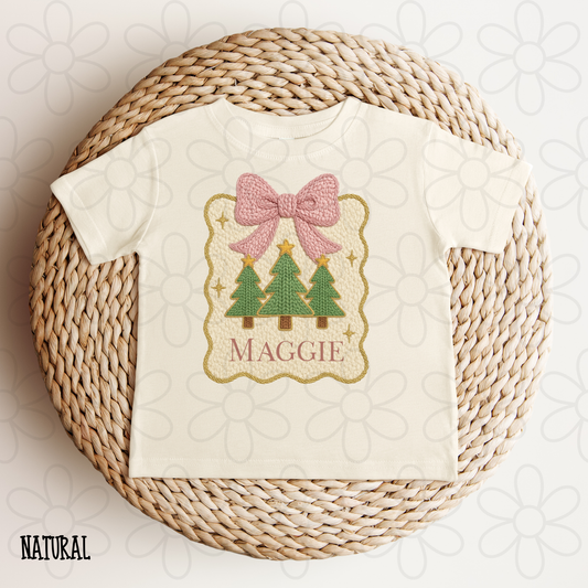 Knit Christmas Trees Pink Bow Custom Name DTF Transfer