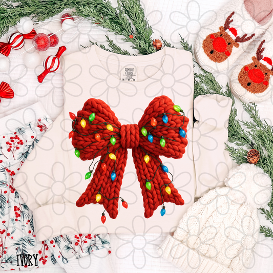 Knit Red Bow Christmas Lights Kids Completed Tee