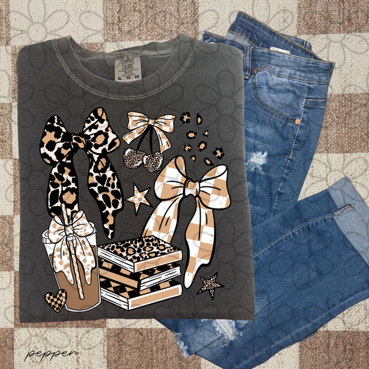 Leopard Bows Books & Coffee Kids Completed Tee