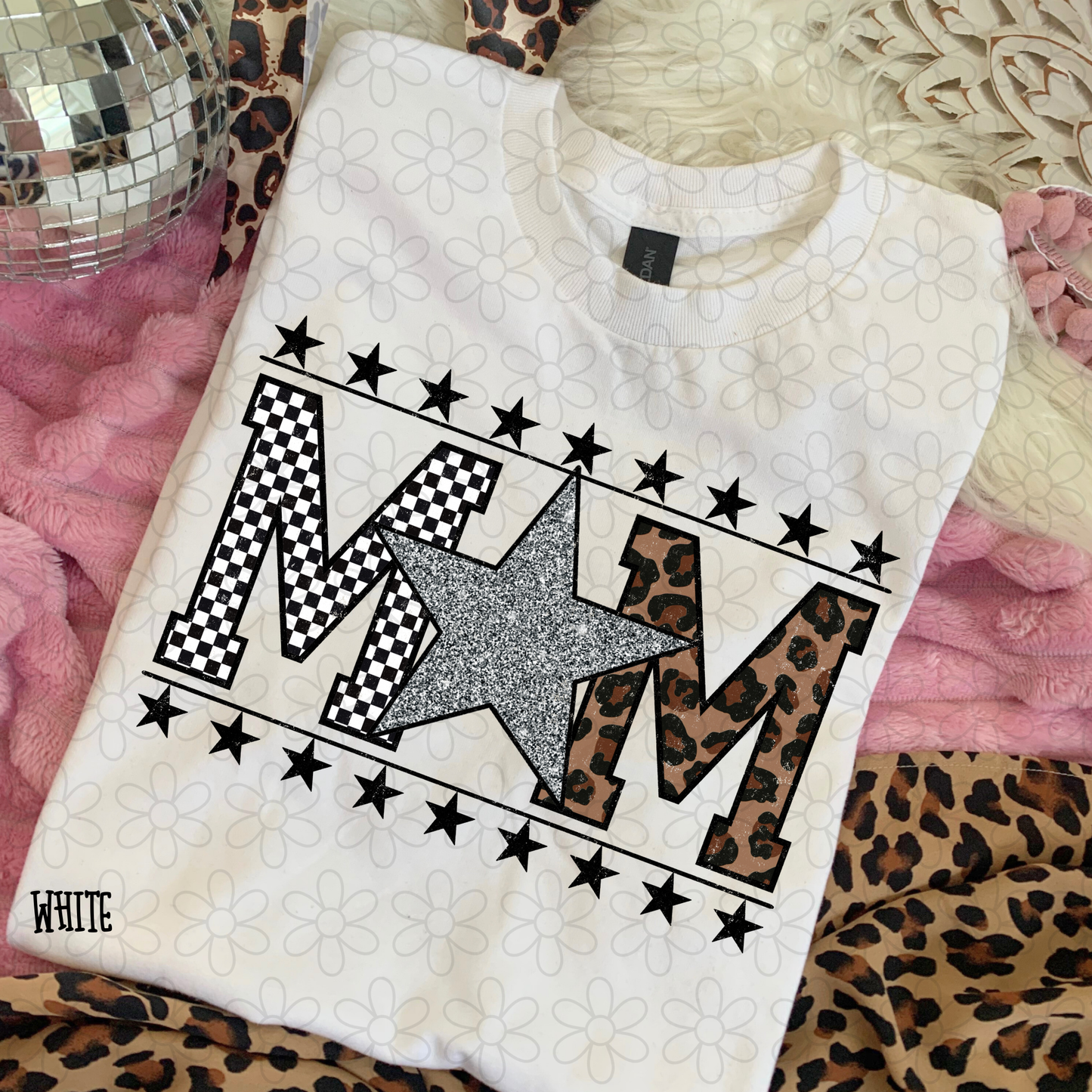 Leopard Checkered Mom Silver Star Completed Tee
