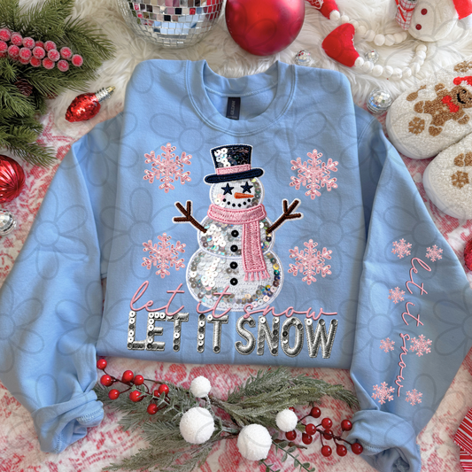 Let It Snow Pink Snowflakes Snowman Completed Tee
