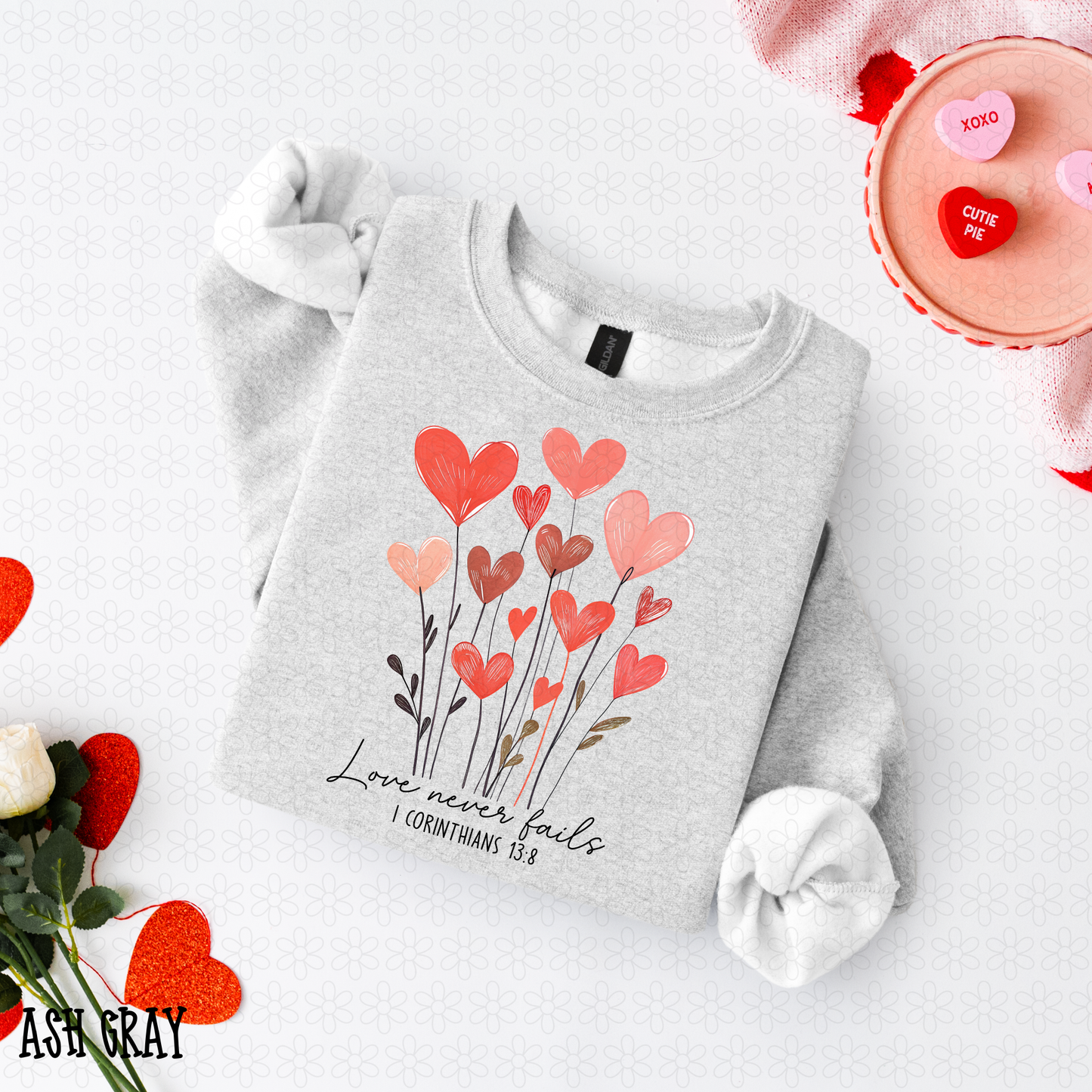 Love Never Fails Heart Flowers DTF Transfer