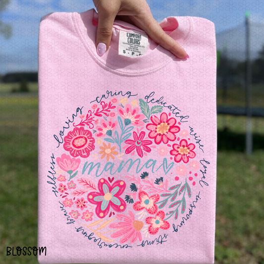 Mama- Loving, Caring, Dedicated- Blue Font Completed Tee