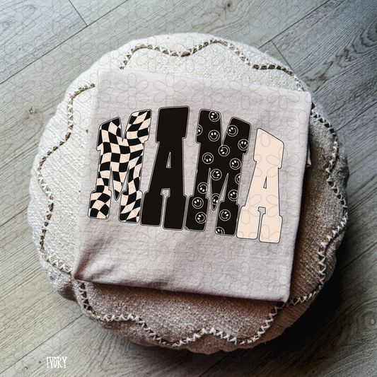 Mama Black Tan Smiley Checkered Completed Tee