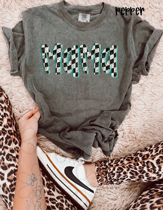 Mama Checkered Black, White & Blue Completed Tee