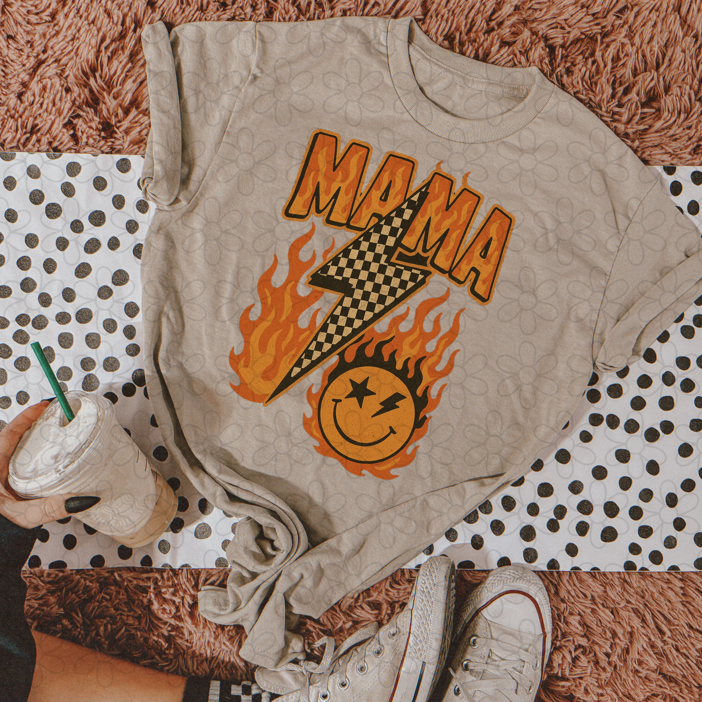 Mama Flames Smiley Checkered Bolt DTF Transfer