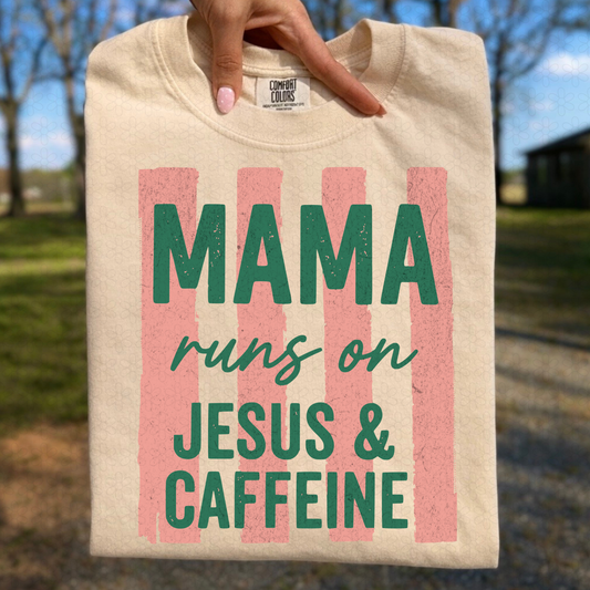 Mama Runs On Jesus and Caffeine- Peach Completed Tee