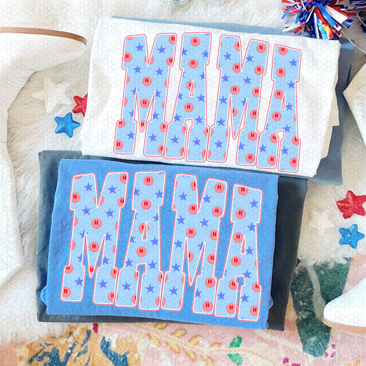Mama Blue Stars Smiley DTF Transfer
