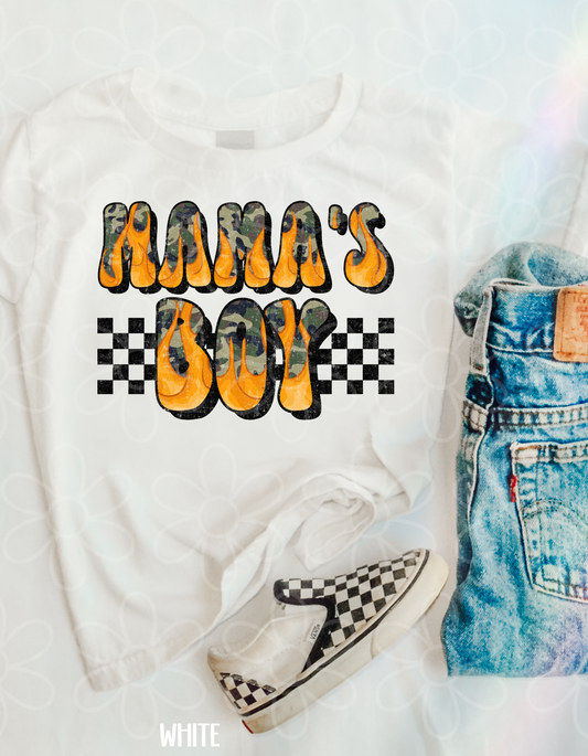 Mama's Boy Camo Flames Kids Completed Tee