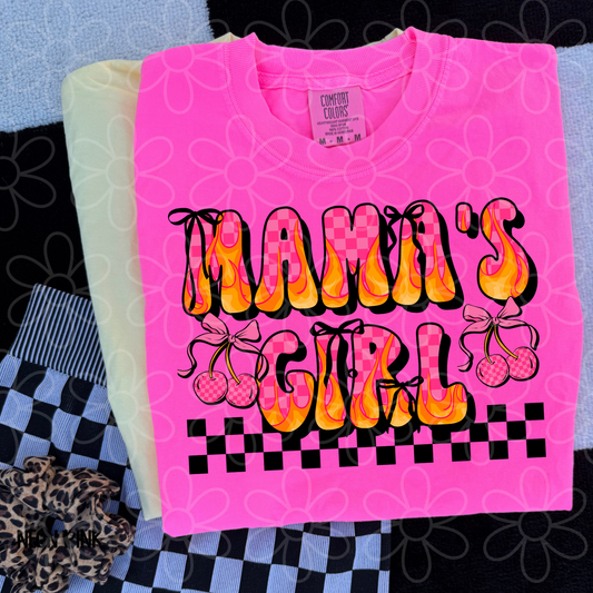 Mama's Girl Checkered Flames Cherry Kids Completed Tee