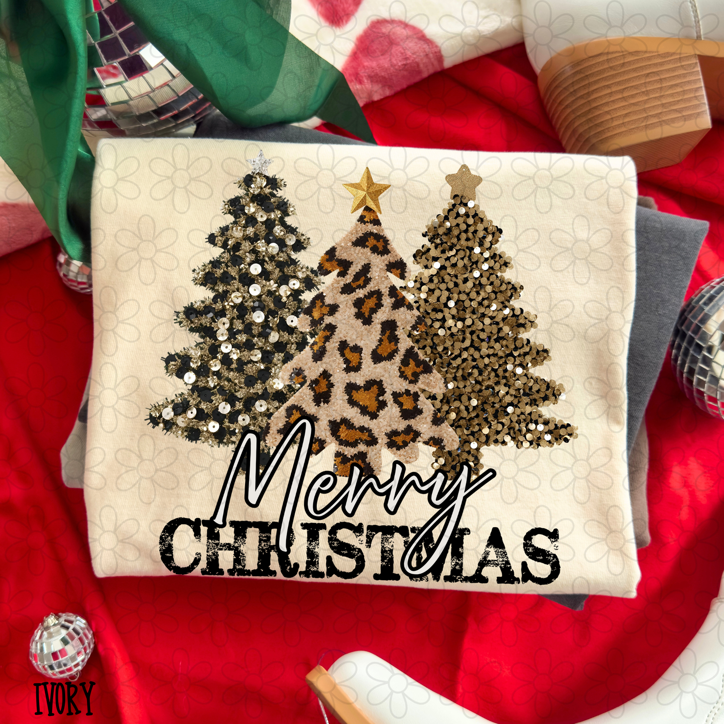 Merry Christmas Leopard Sequins Trees Kids Completed Tee