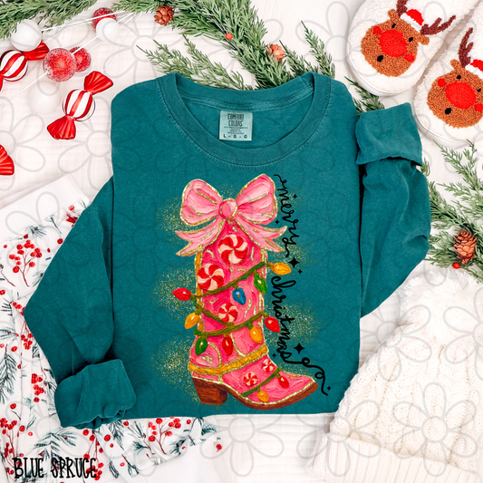 Merry Christmas Pink Boot Bow Kids Completed Tee