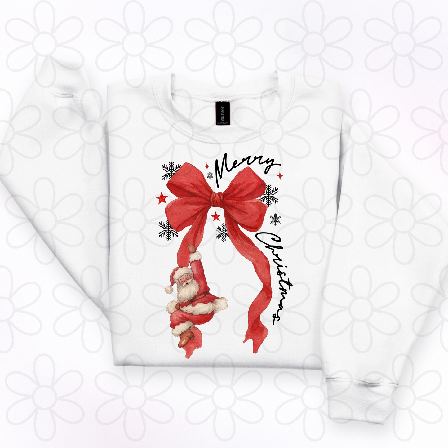 Merry Christmas Santa Red Bow Snowflakes Black DTF Transfer