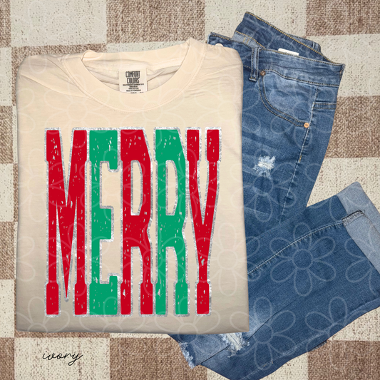 Merry Distressed Varsity Kids Completed Tee