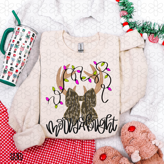 Merry & Bright Camo Bow Christmas Lights Kids Completed Tee